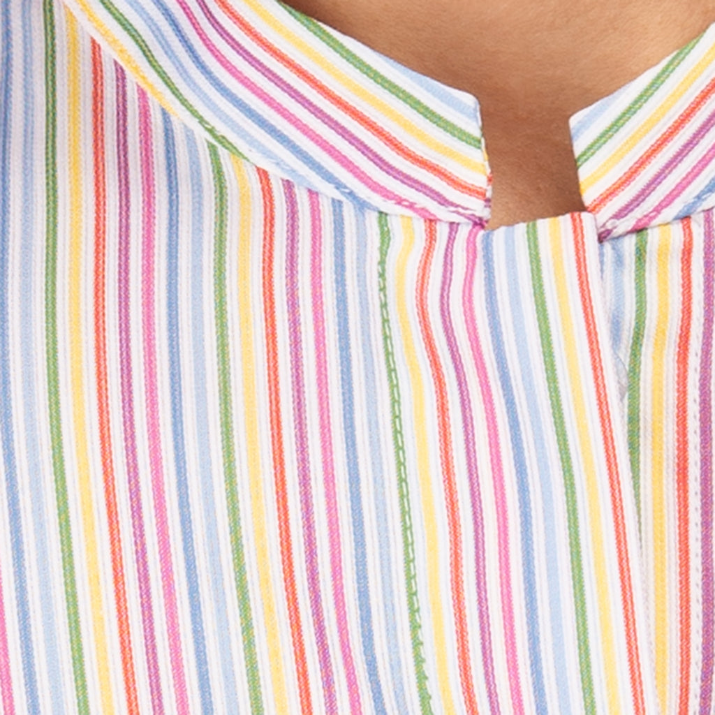 Split Shoulder Blouse with Mandarin Collar in Multicolor Stripe