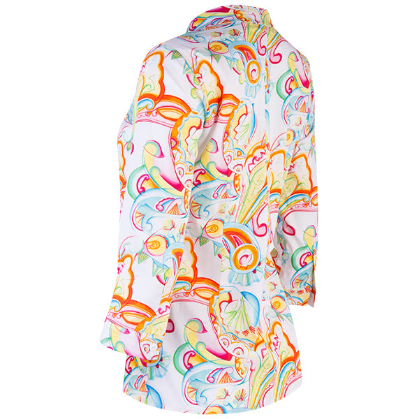 Button-front Inverted Notch Collar Blouse in Art Deco Paisley