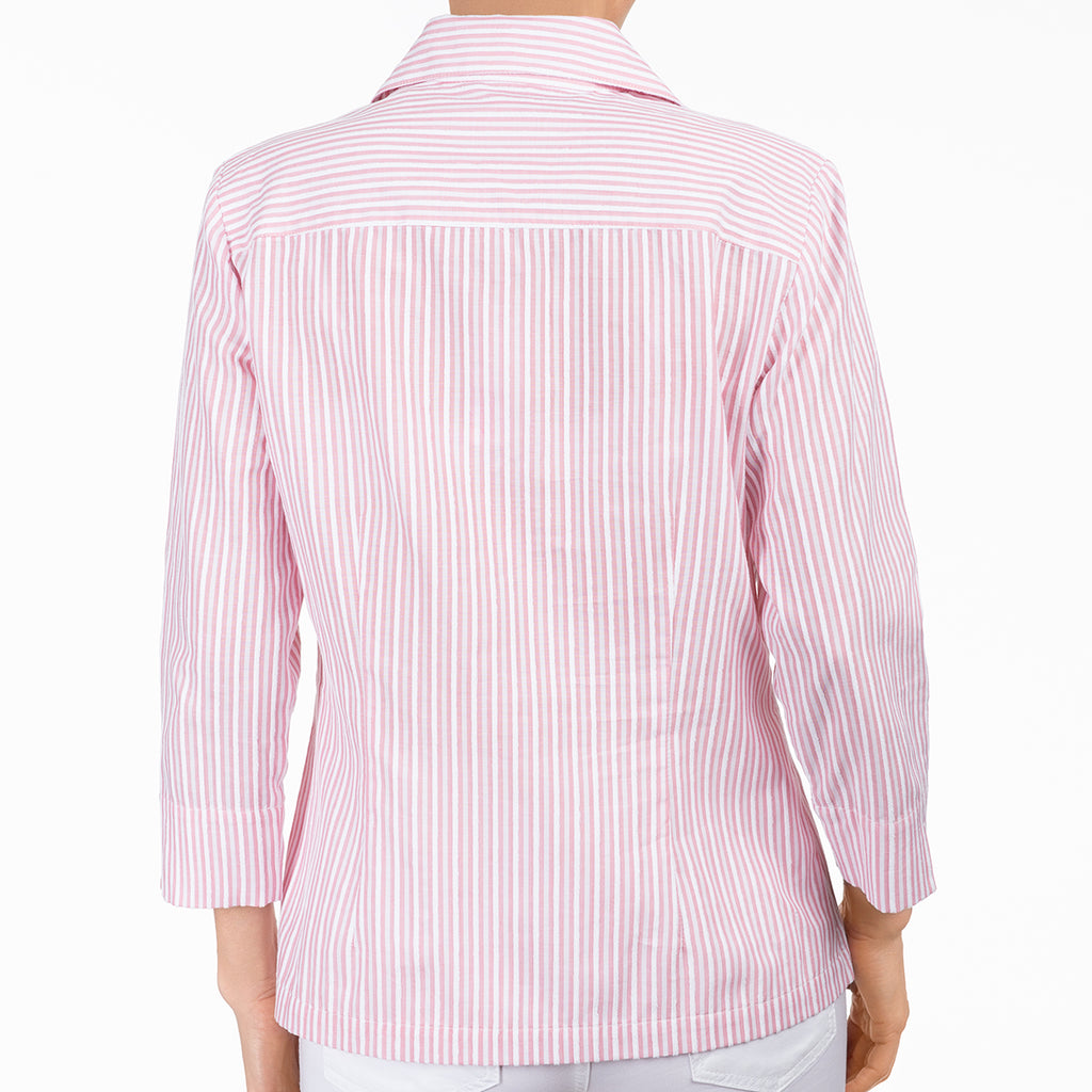 3/4 Slv Hidden Placket Shirt in Red/White Stripe