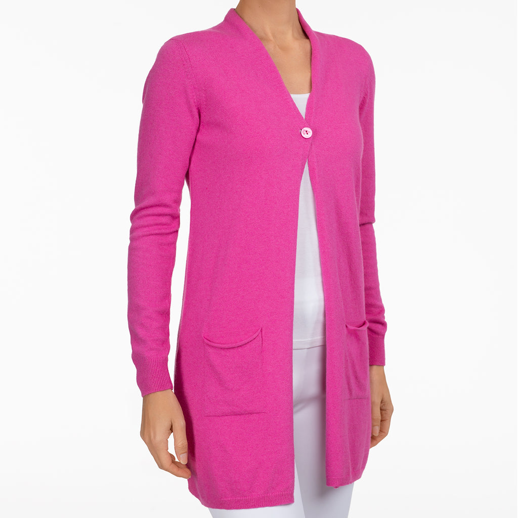 Long One Button Cardigan in Fuxia
