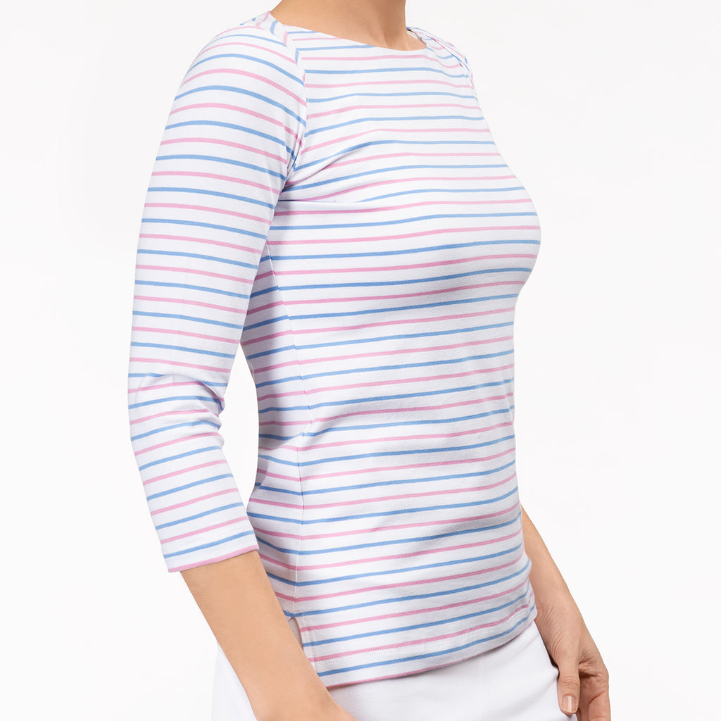 Boat Neck Tee in Blue & Pink Stripes