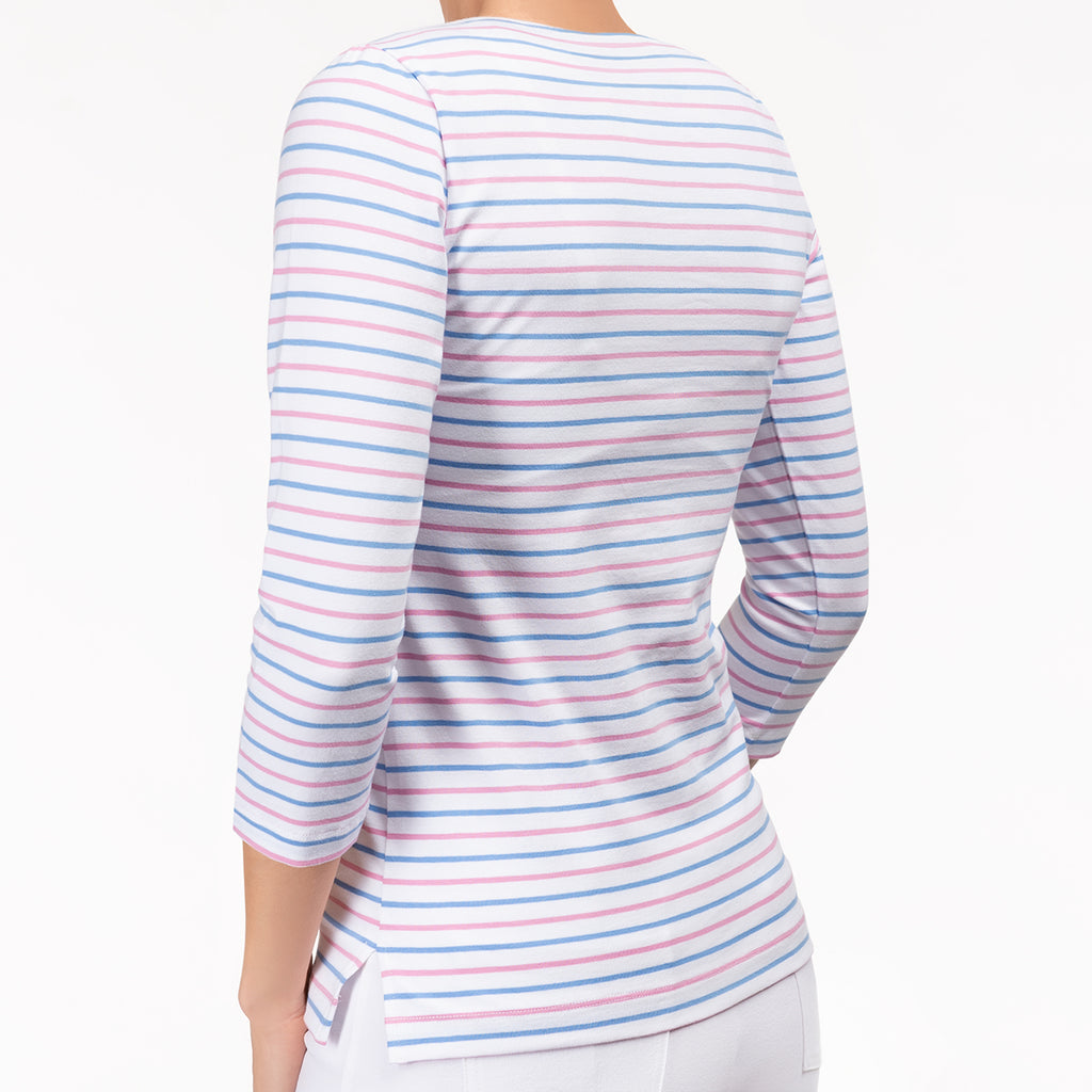Boat Neck Tee in Blue & Pink Stripes