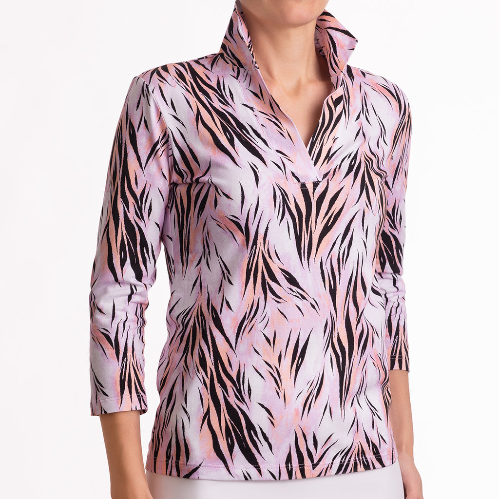 Fitted Polo Collar Tee in Pink Wispy Tiger