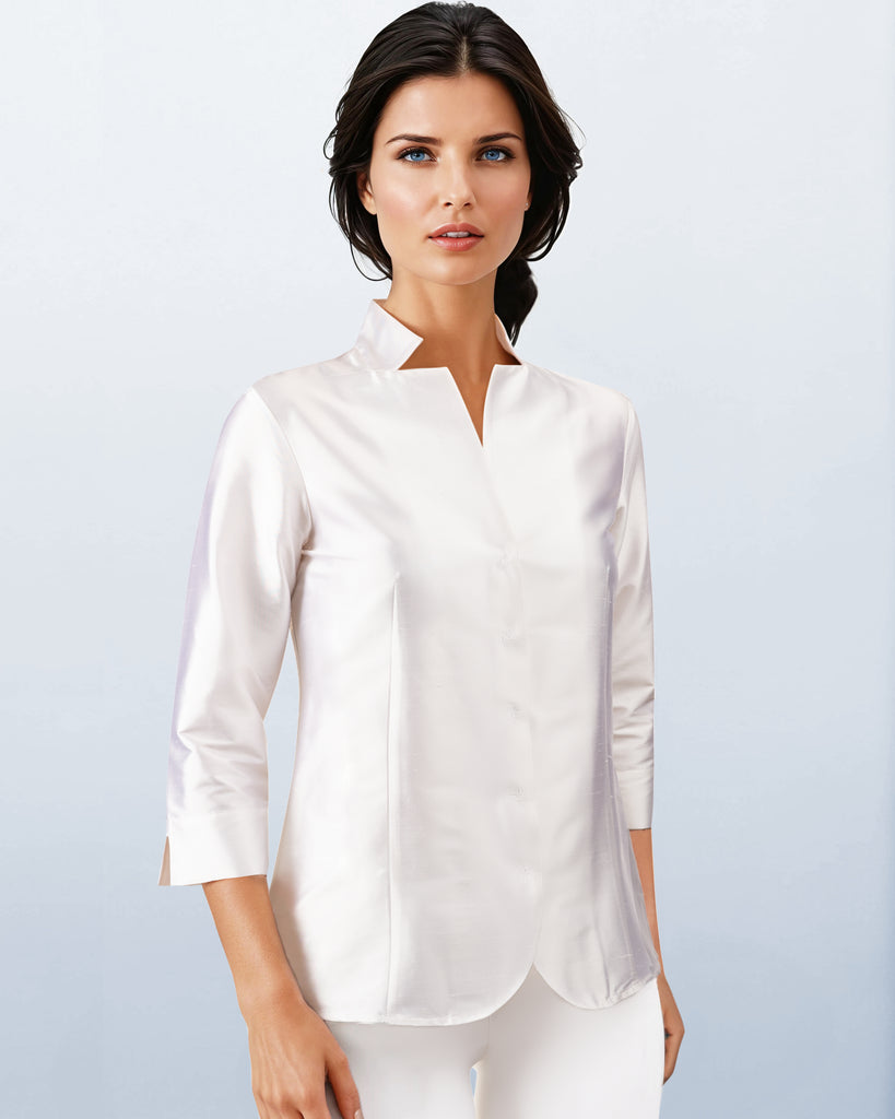 Notch Collar Dupioni Blouse in White