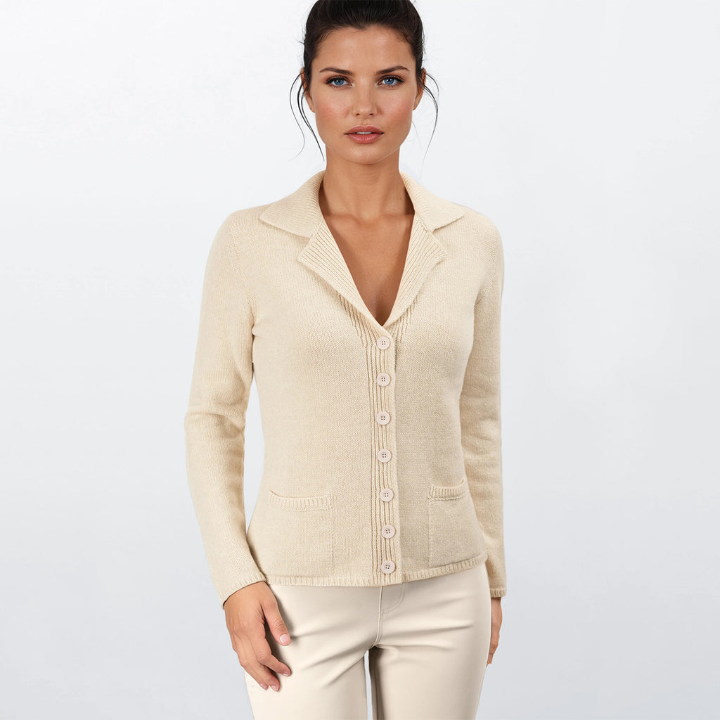 V Collar Cashmere & Wool Cardigan in Flax