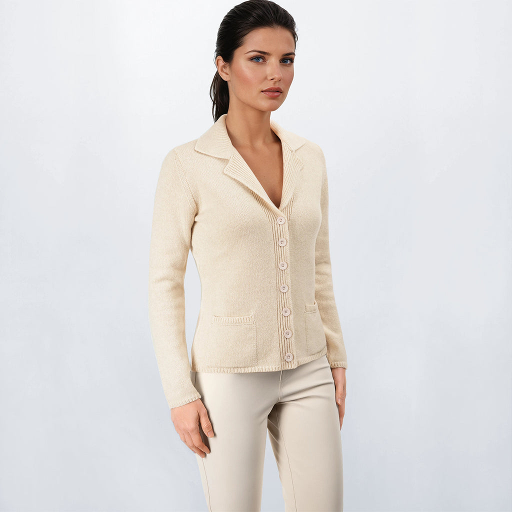 V Collar Cashmere & Wool Cardigan in Flax