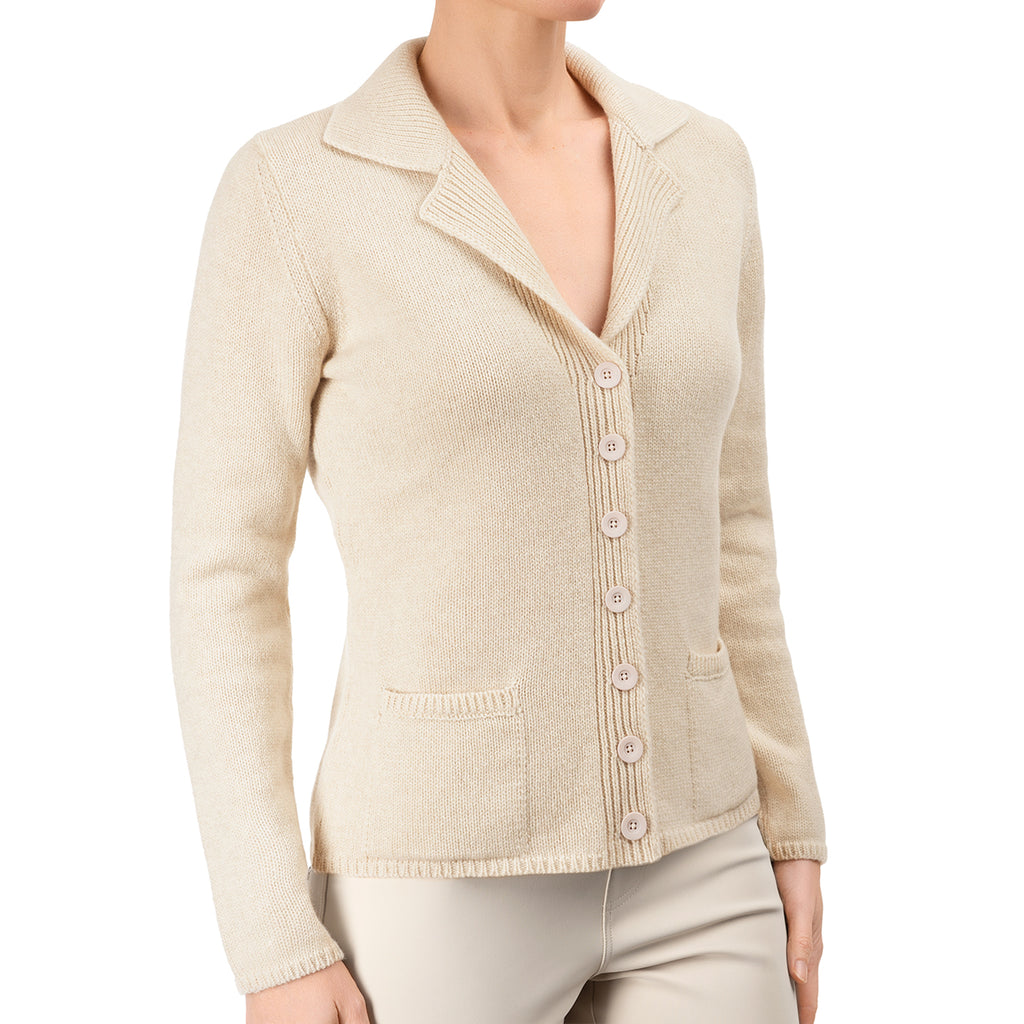 V Collar Cashmere & Wool Cardigan in Flax