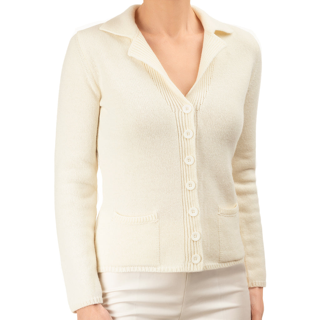 V Collar Cashmere & Wool Cardigan in White