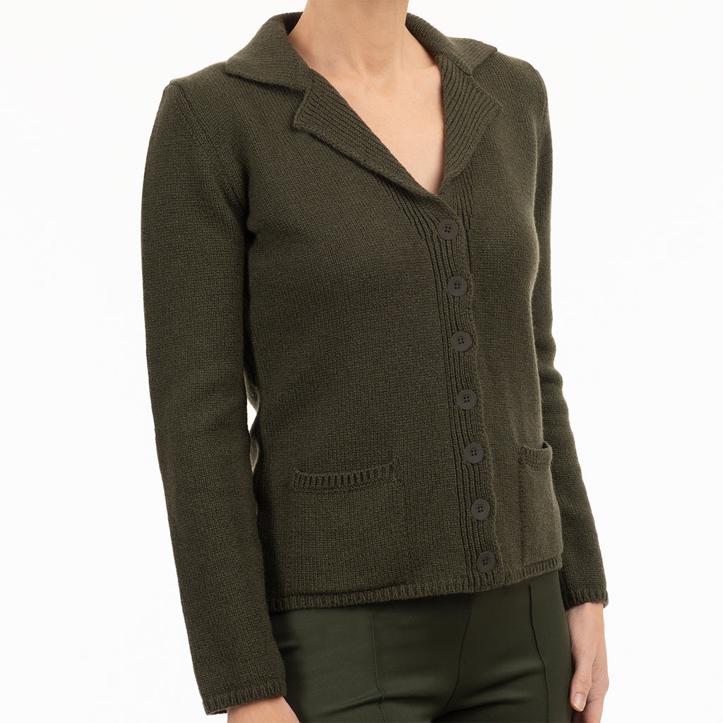 V Collar Cashmere & Wool Cardigan in Olive