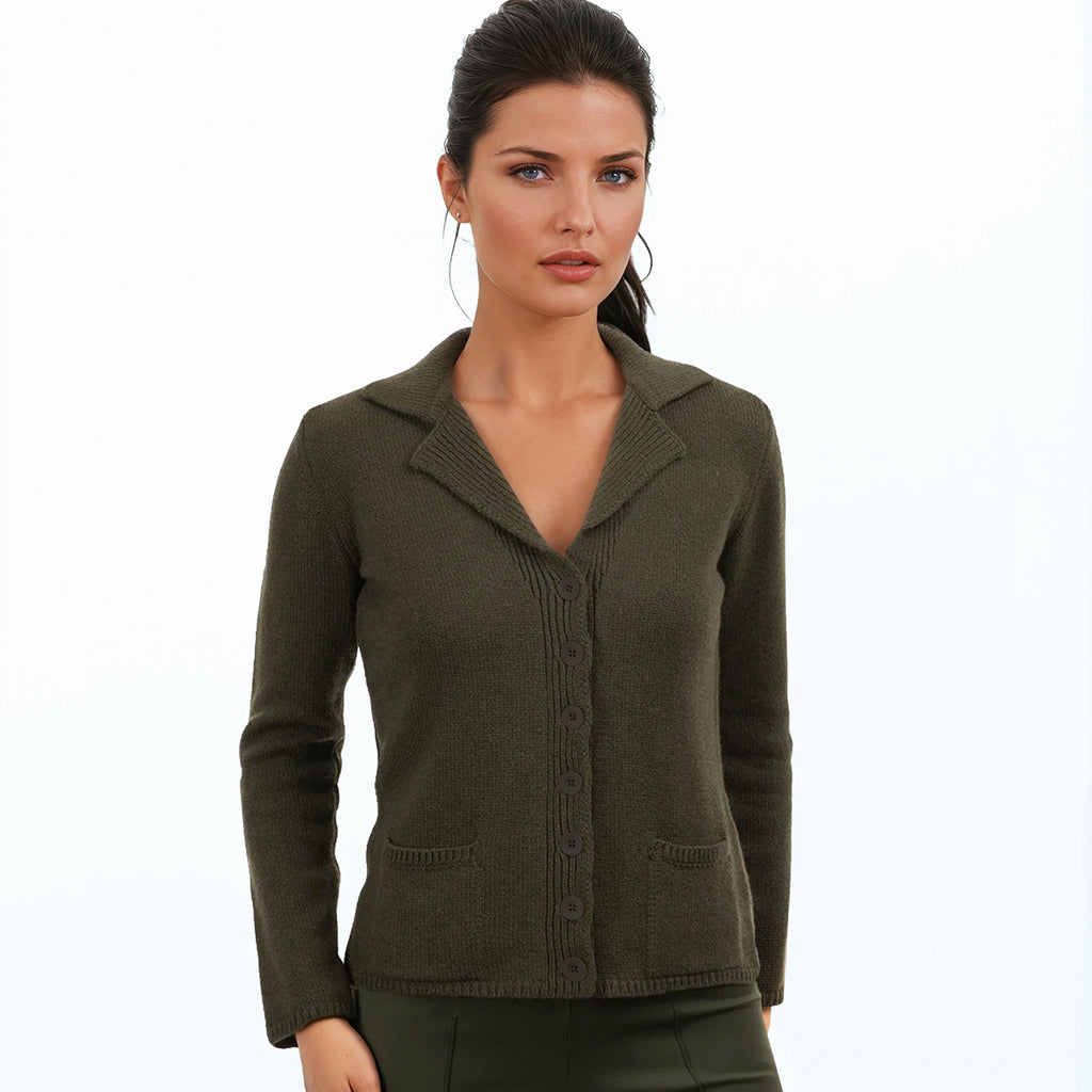 V Collar Cashmere & Wool Cardigan in Olive