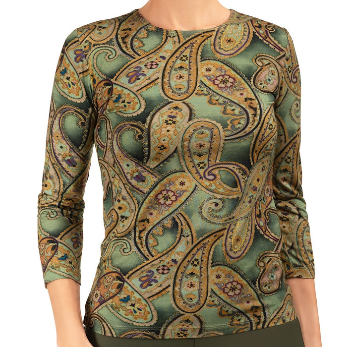 Shaped Knit Tee in Green Paisley