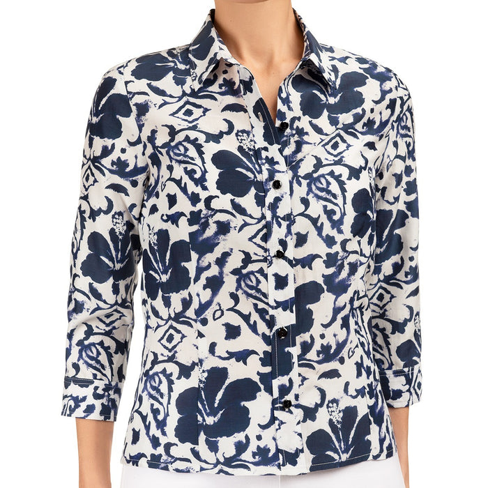 3/4 Sleeve Blouse in Indigo Blooms