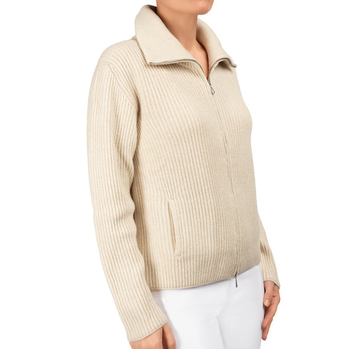 Cashmere & Wool Rib Zip Cardigan in Latte – Leggiadro