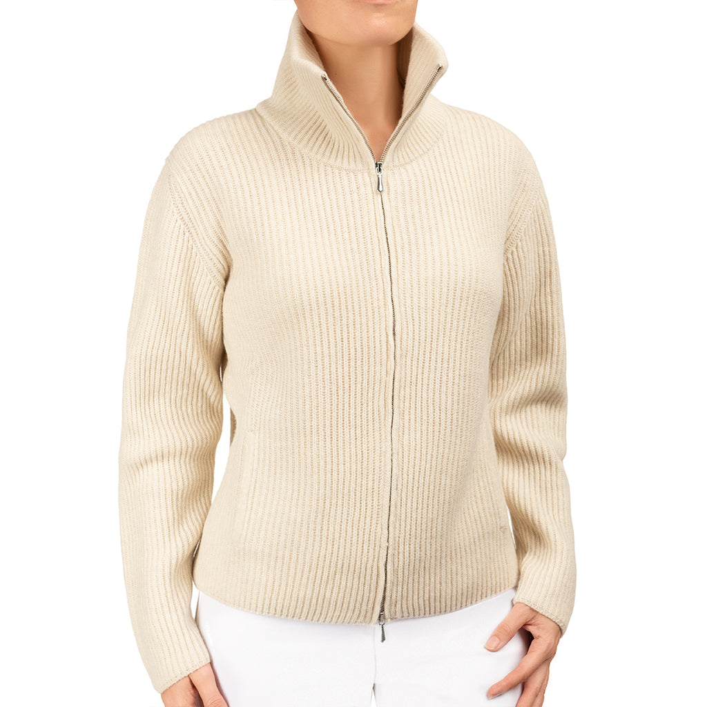 Cashmere & Wool Rib Zip Cardigan in Latte