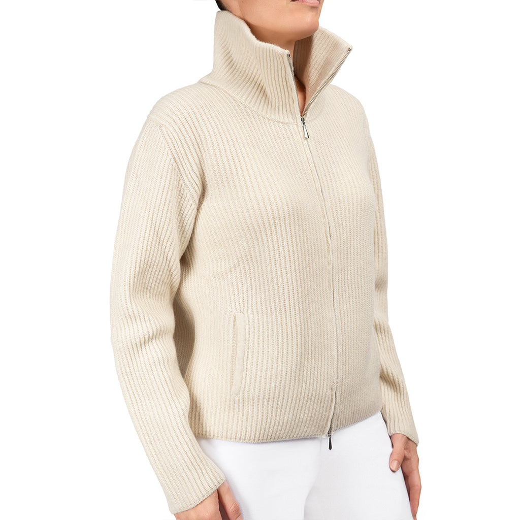 Cashmere & Wool Rib Zip Cardigan in Latte