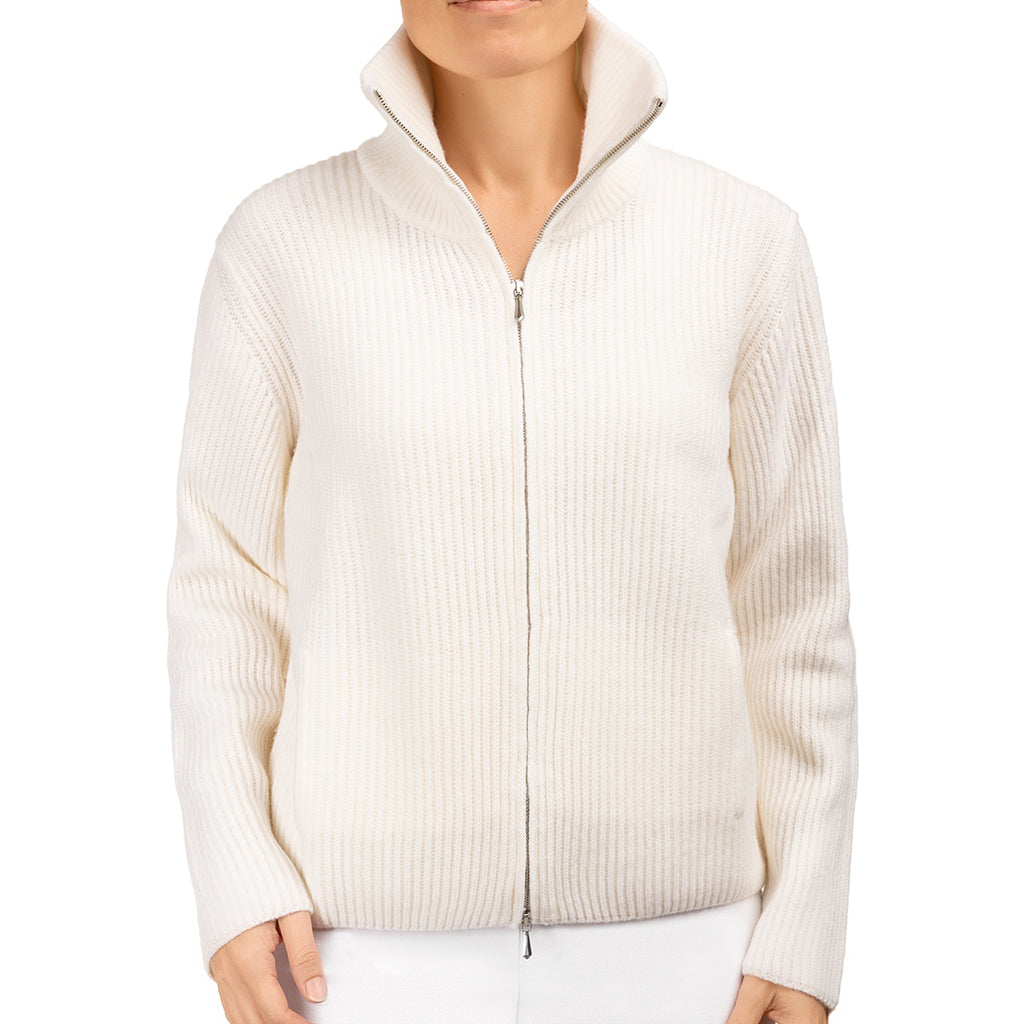 Cashmere & Wool Rib Zip Cardigan in White