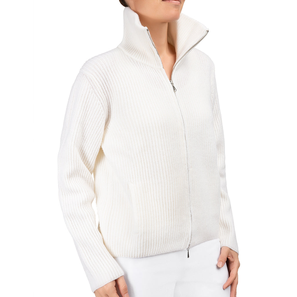 Cashmere & Wool Rib Zip Cardigan in White