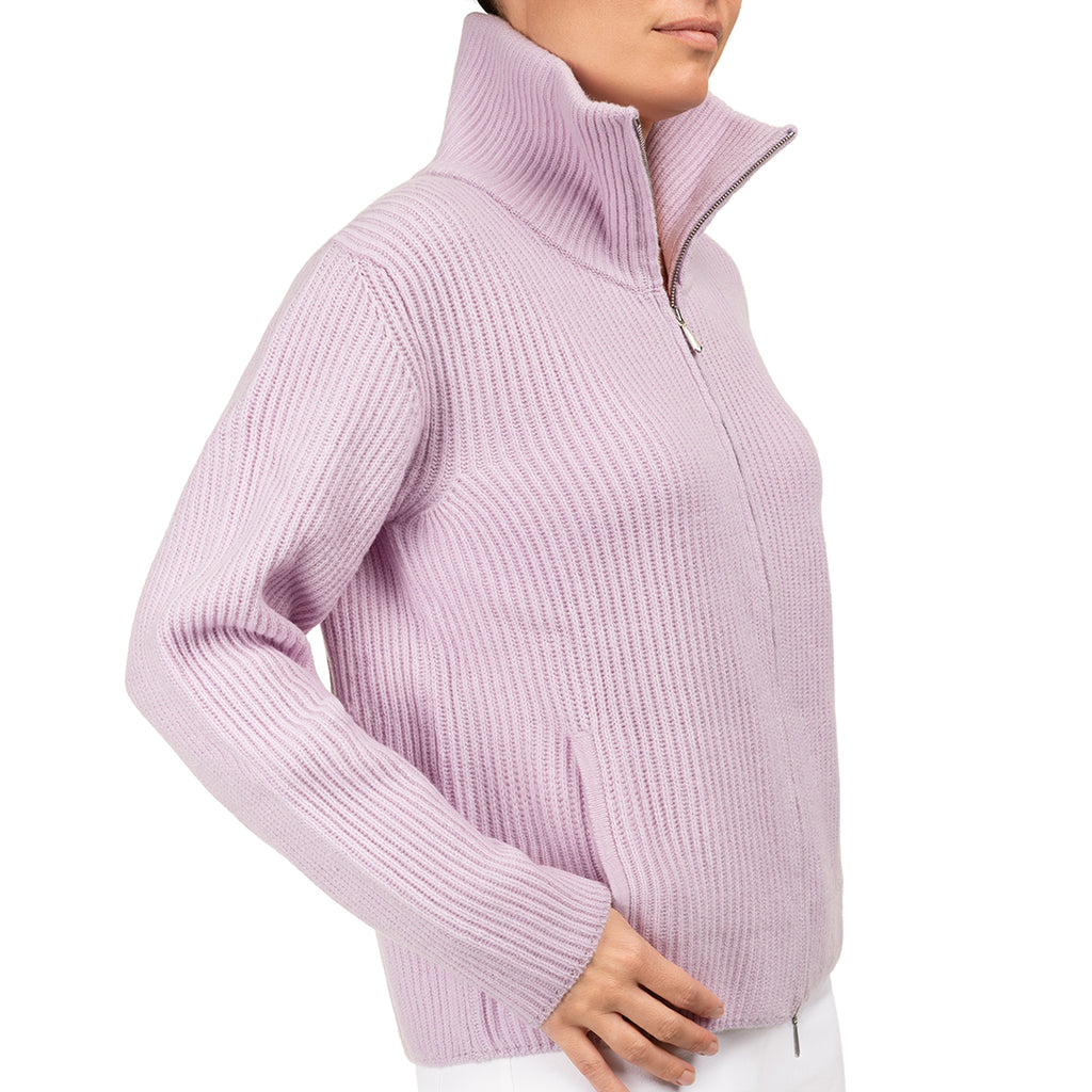 Cashmere & Wool Rib Zip Cardigan in Lilac