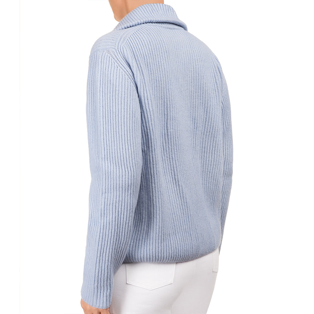 Cashmere & Wool Rib Zip Cardigan in Sky Blue