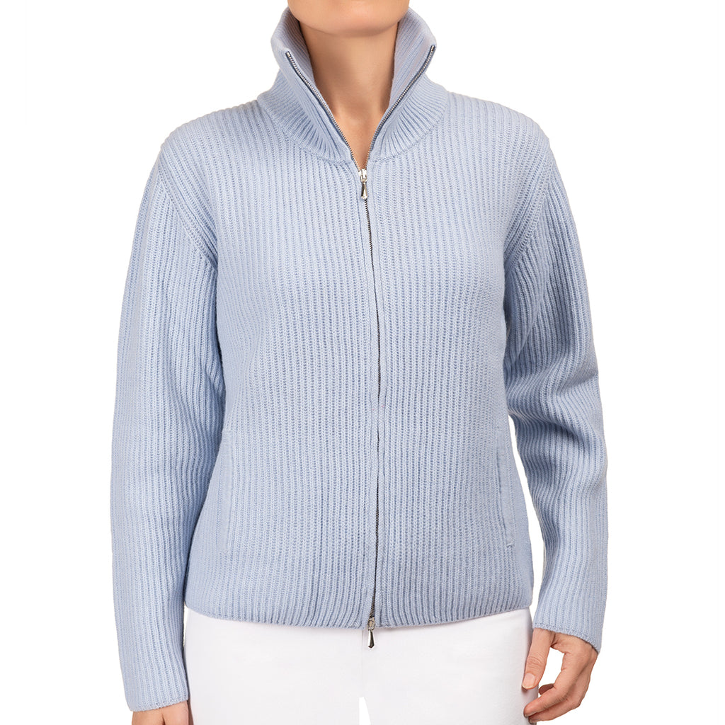 Cashmere & Wool Rib Zip Cardigan in Sky Blue