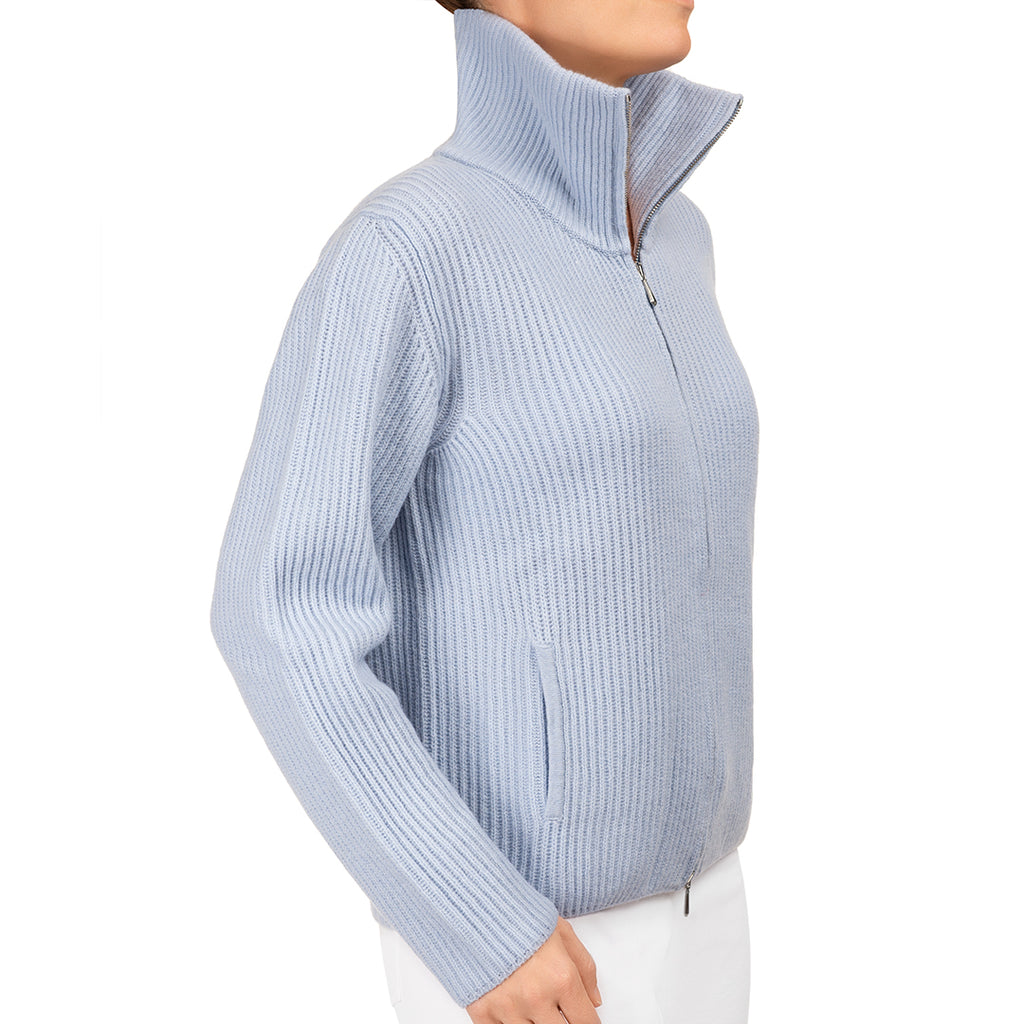 Cashmere & Wool Rib Zip Cardigan in Sky Blue