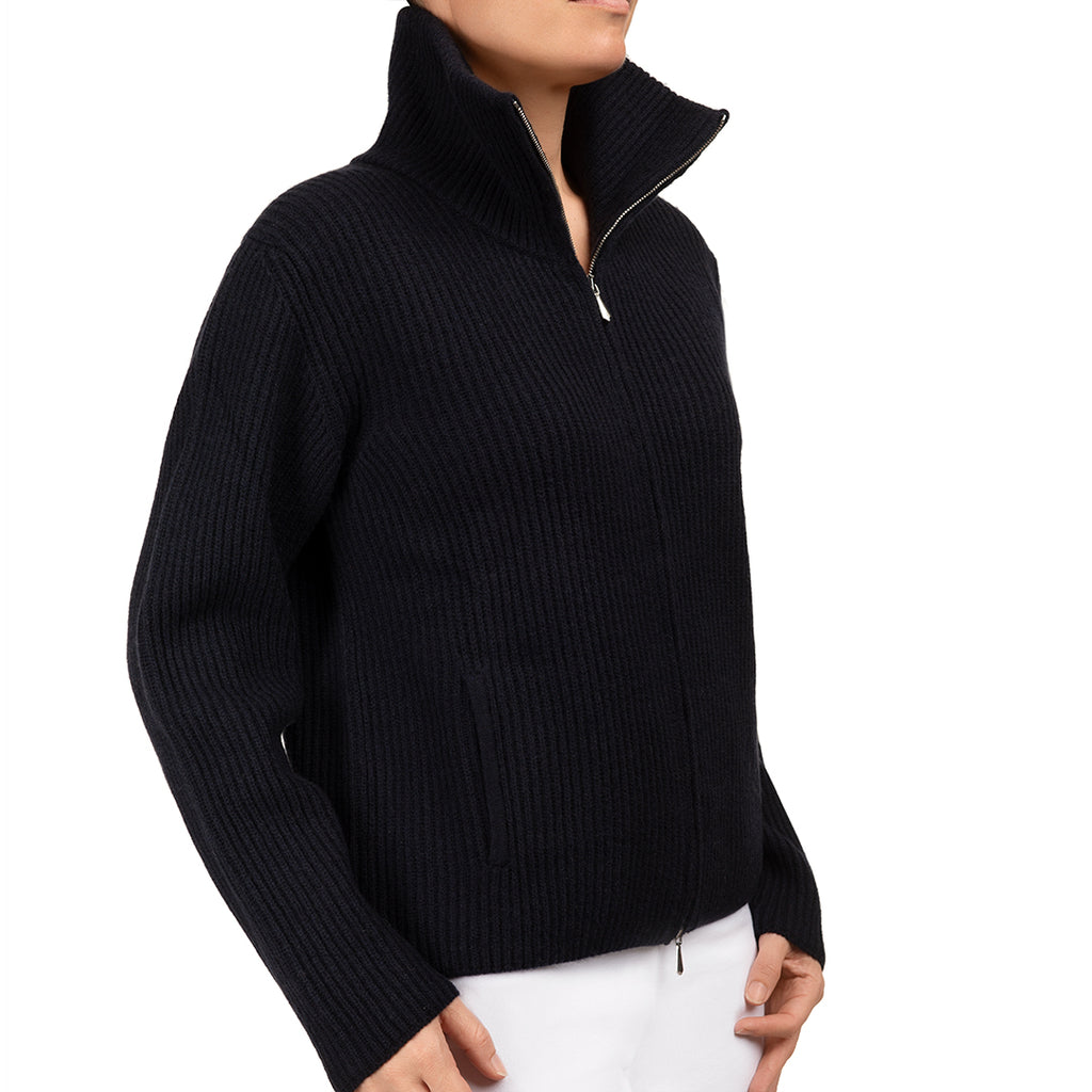 Cashmere & Wool Rib Zip Cardigan in Navy