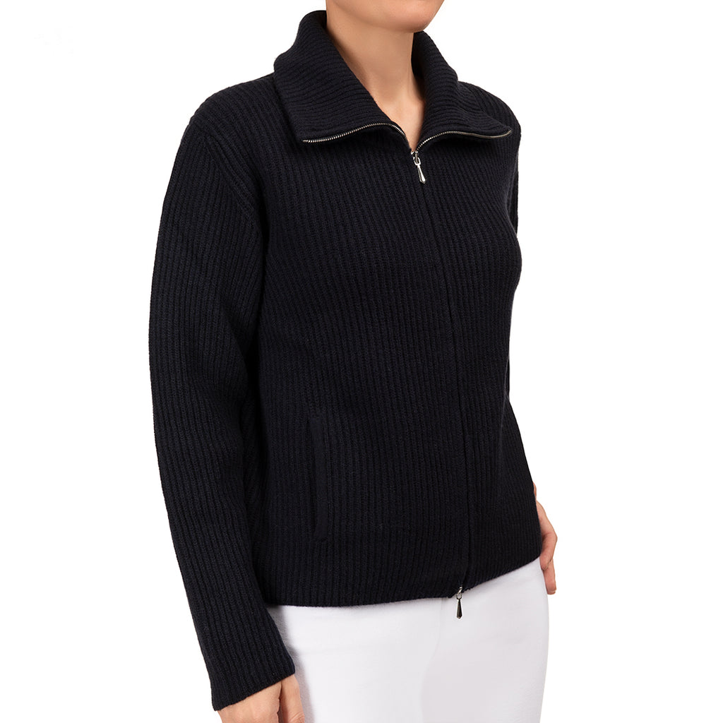 Cashmere & Wool Rib Zip Cardigan in Navy