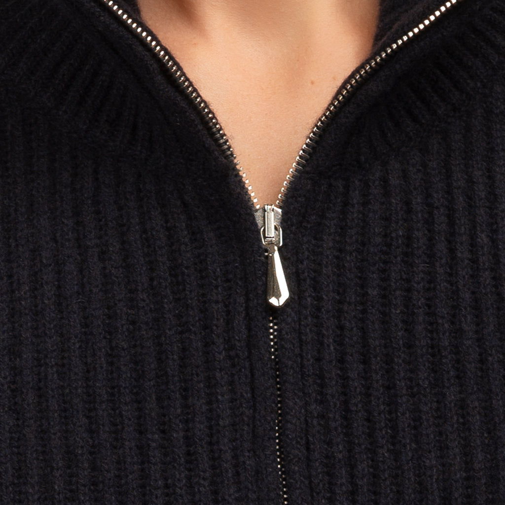 Cashmere & Wool Rib Zip Cardigan in Navy