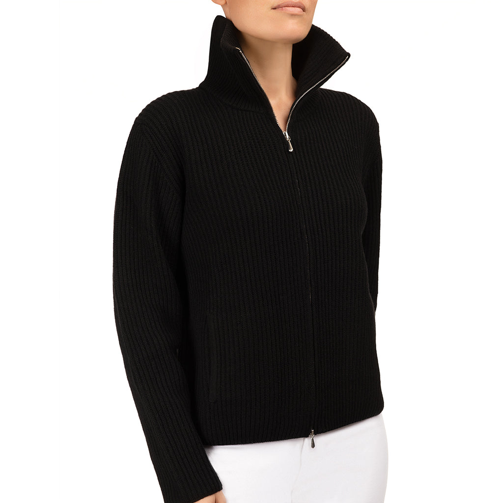 Cashmere & Wool Rib Zip Cardigan in Black