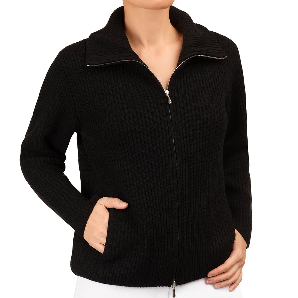 Cashmere & Wool Rib Zip Cardigan in Black