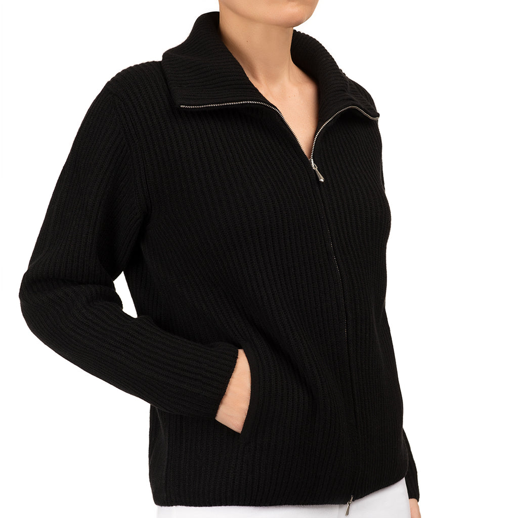 Cashmere & Wool Rib Zip Cardigan in Black