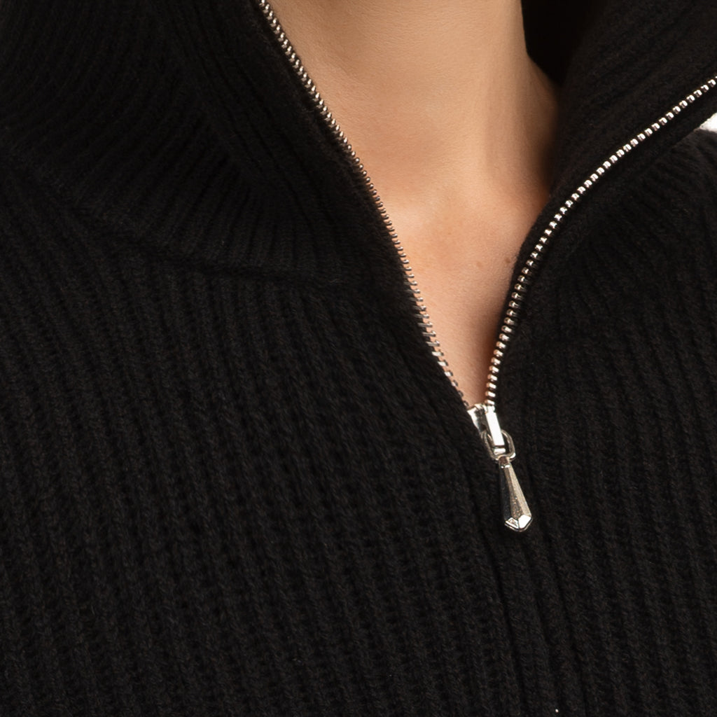 Cashmere & Wool Rib Zip Cardigan in Black