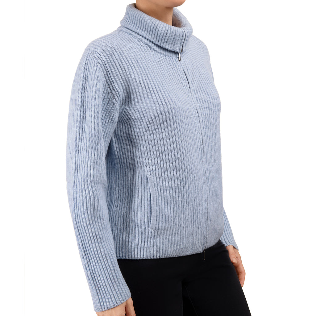 Cashmere & Wool Rib Zip Cardigan in Sky Blue