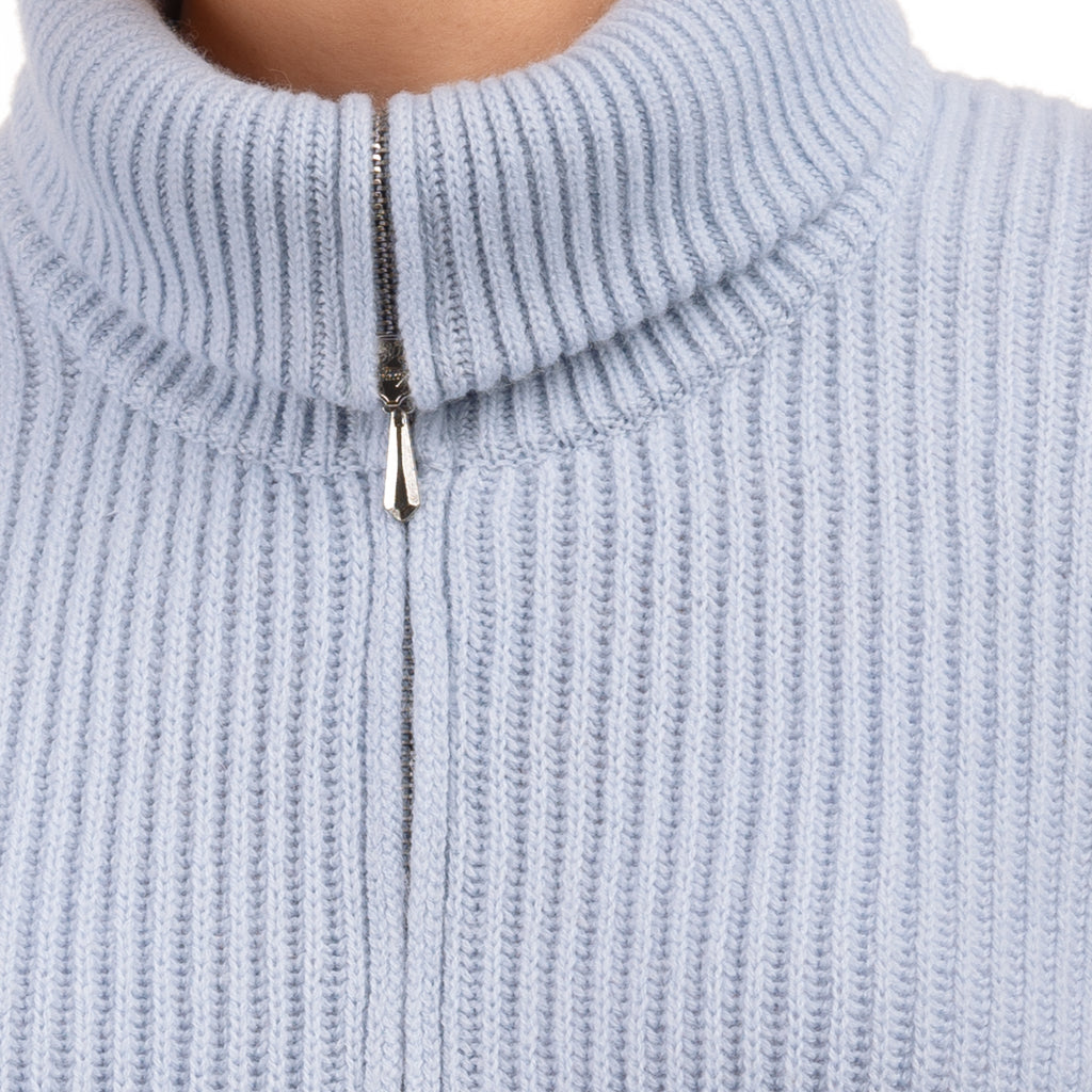 Cashmere & Wool Rib Zip Cardigan in Sky Blue