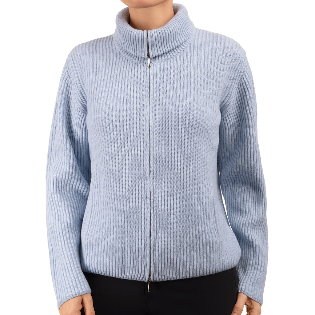 Cashmere & Wool Rib Zip Cardigan in Sky Blue