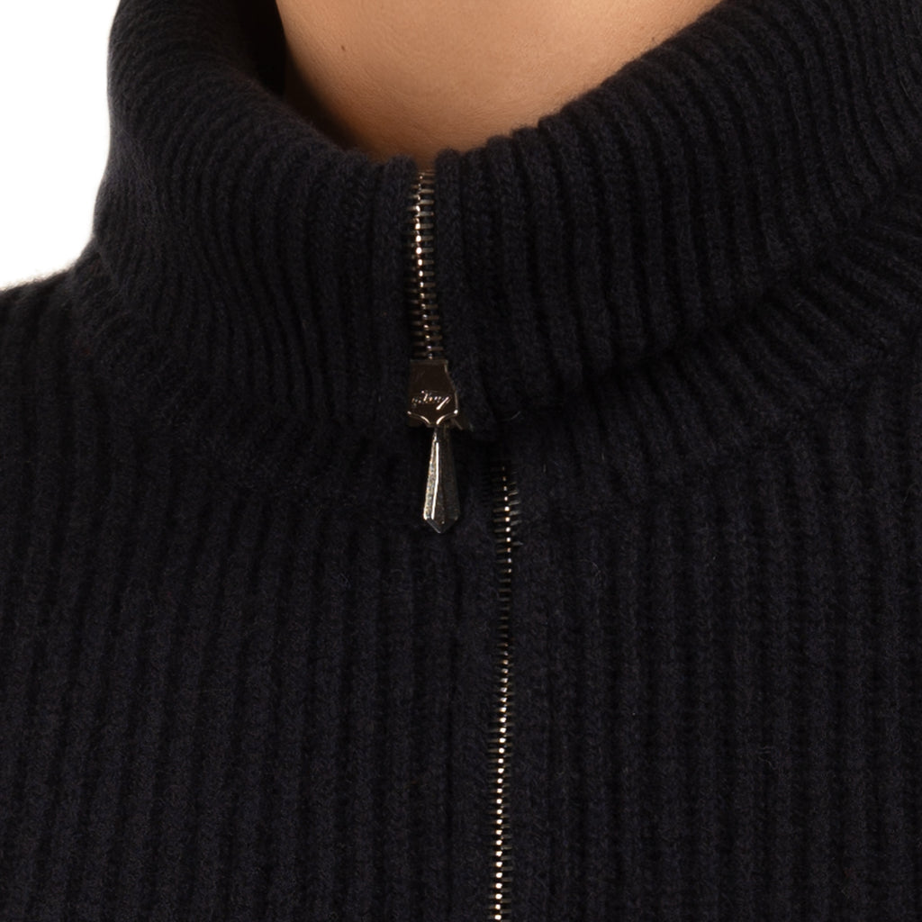 Cashmere & Wool Rib Zip Cardigan in Navy