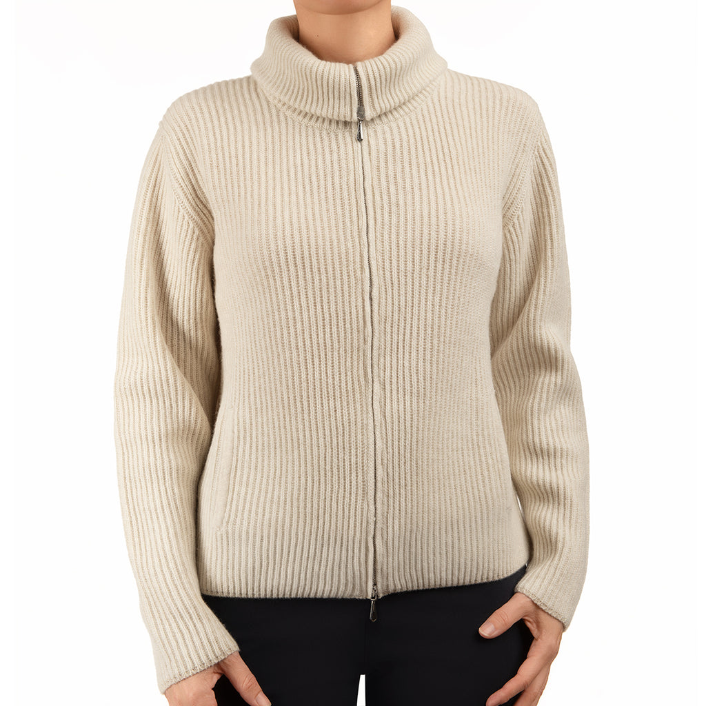 Cashmere & Wool Rib Zip Cardigan in Latte