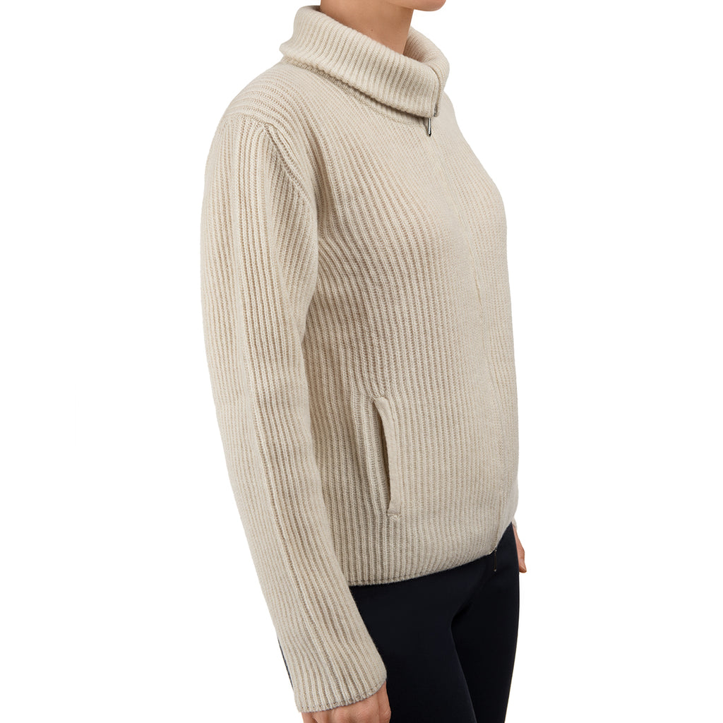 Cashmere & Wool Rib Zip Cardigan in Latte