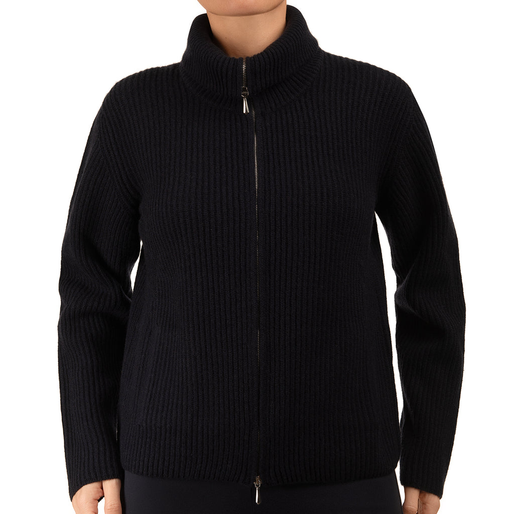 Cashmere & Wool Rib Zip Cardigan in Black