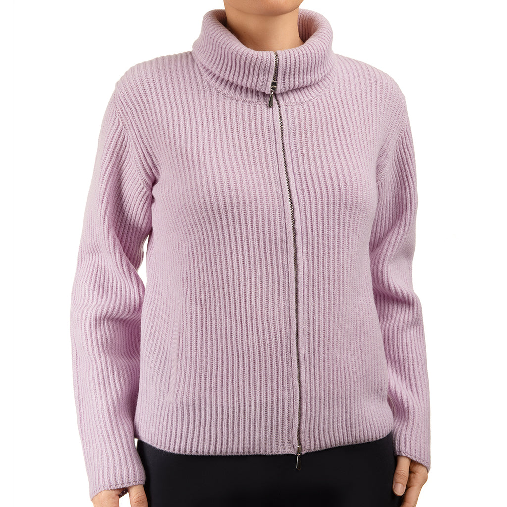 Cashmere & Wool Rib Zip Cardigan in Lilac