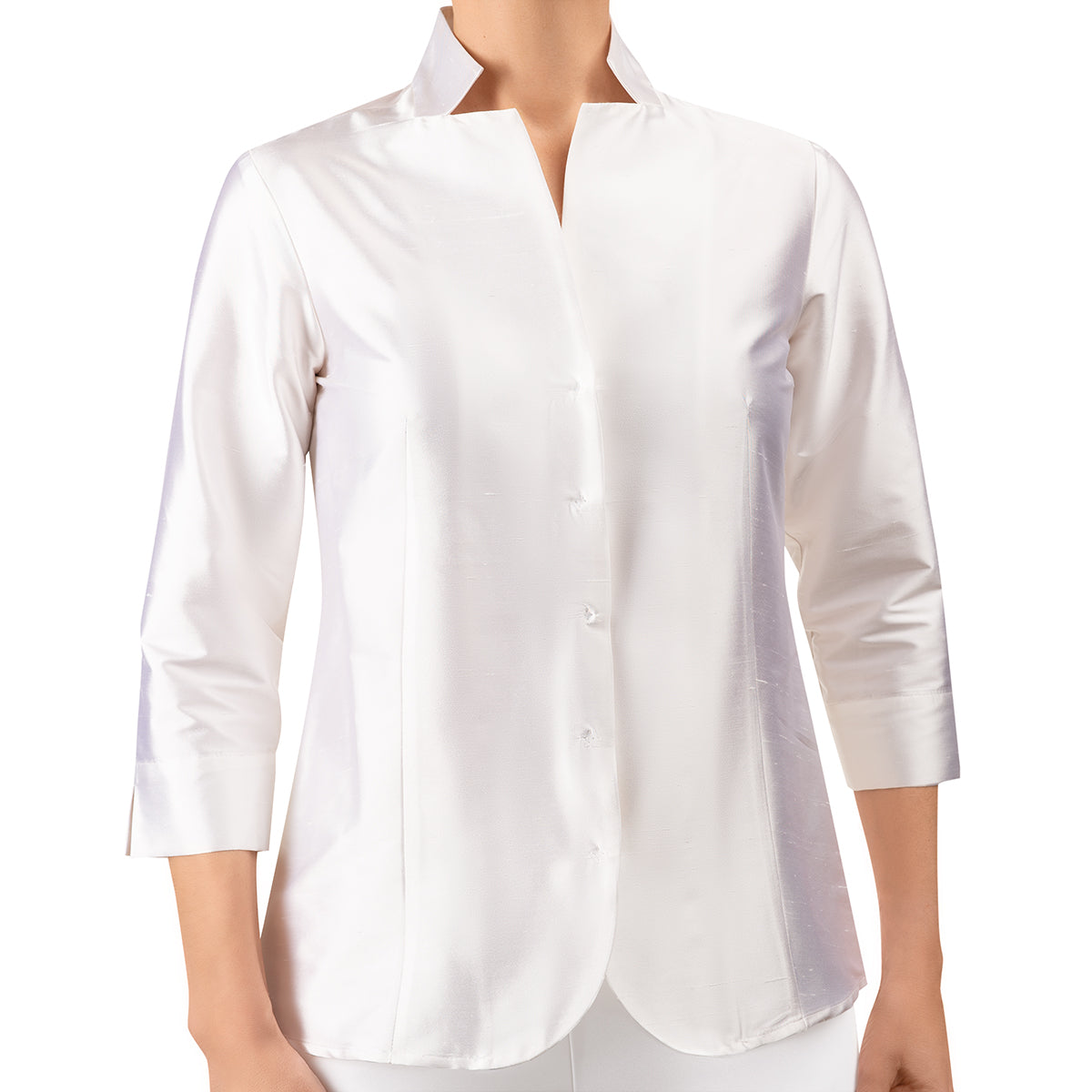 Notch Collar Dupioni Blouse in White – Leggiadro