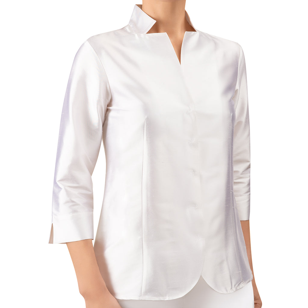 Notch Collar Dupioni Blouse in White