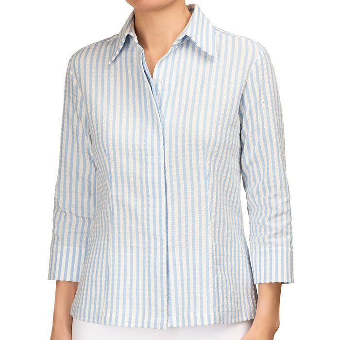 Covered Placket Shirt in Blue & White Stripe