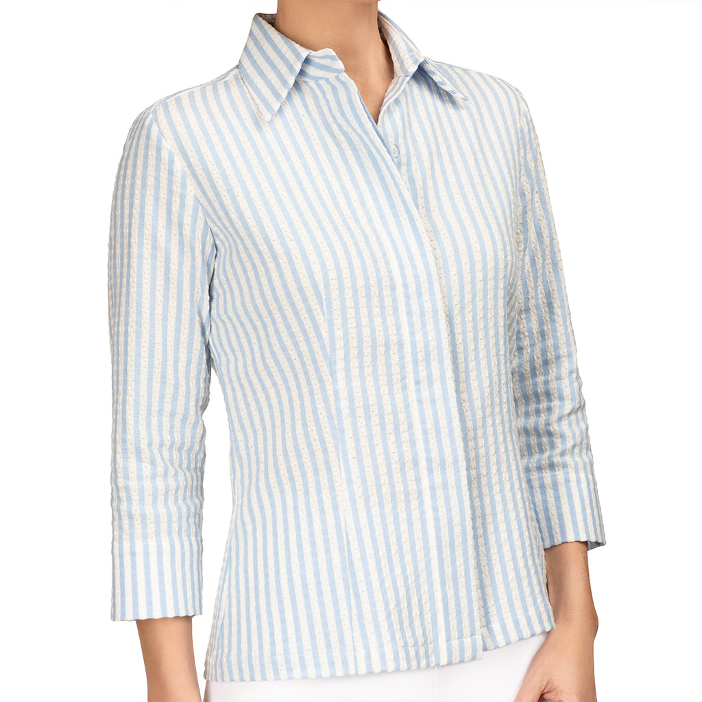 Covered Placket Shirt in Blue & White Stripe