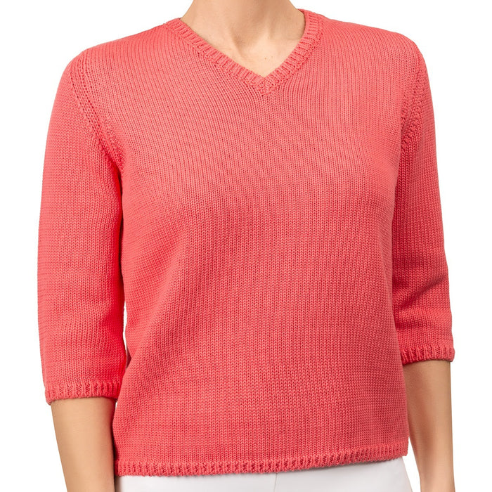 V Neck Cotton Pullover in Coral