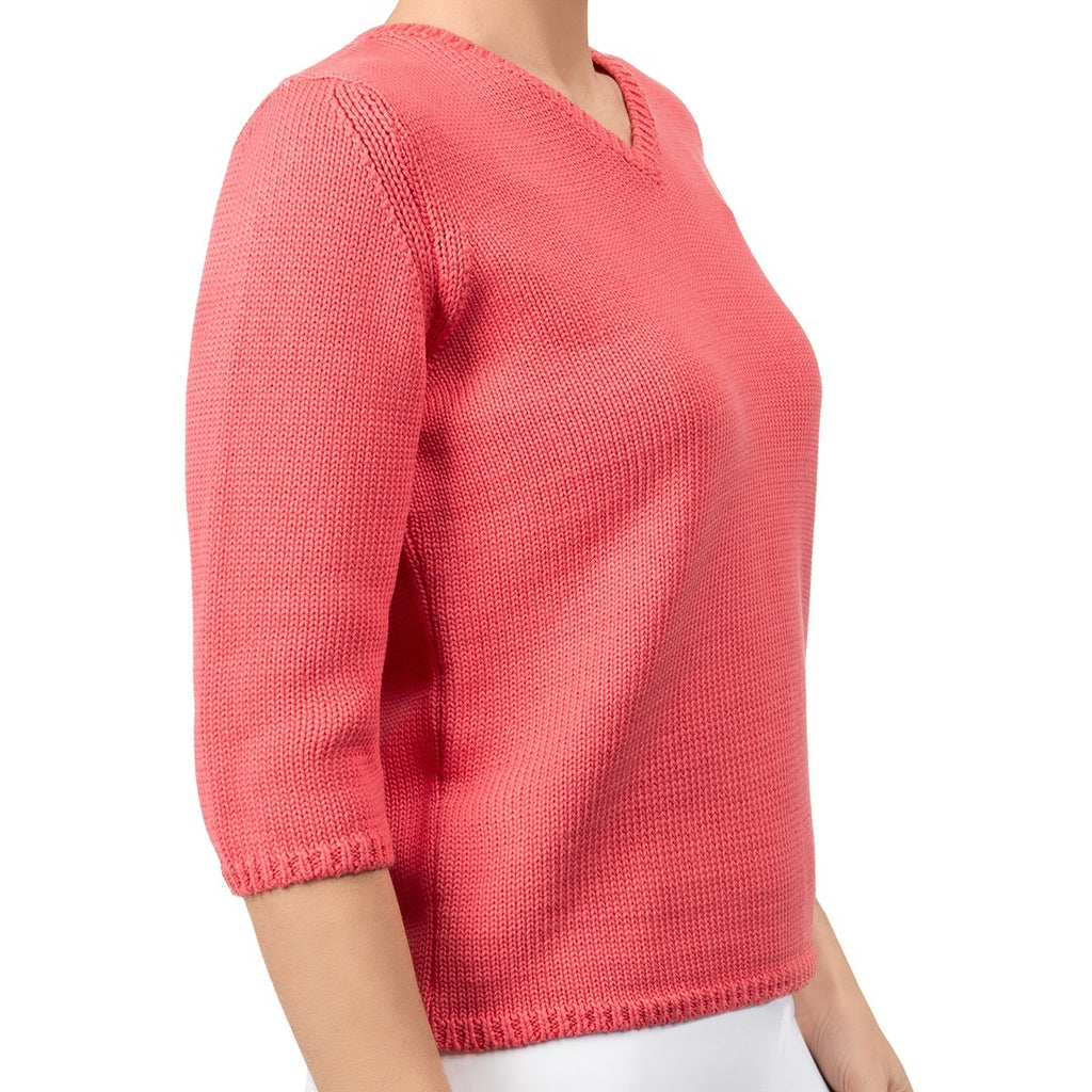 V Neck Cotton Pullover in Coral