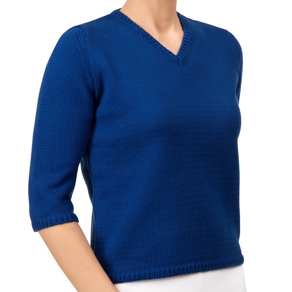 V Neck Cotton Pullover in Blue Ribbon