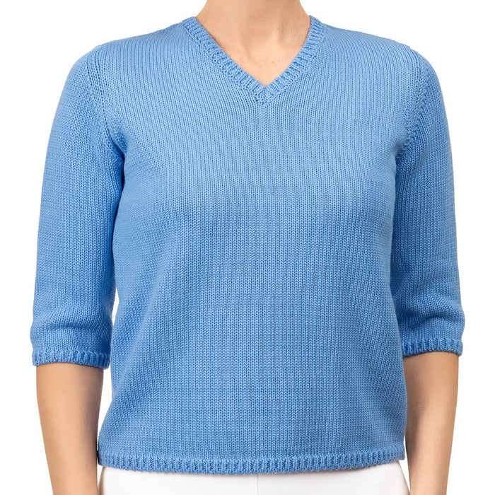 V Neck Cotton Pullover in French Blue