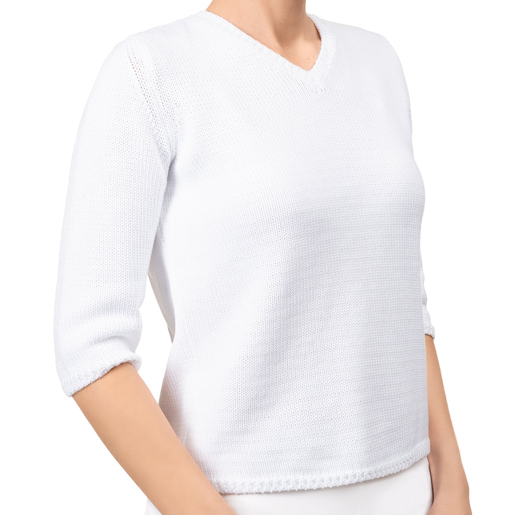 V Neck Cotton Pullover in White