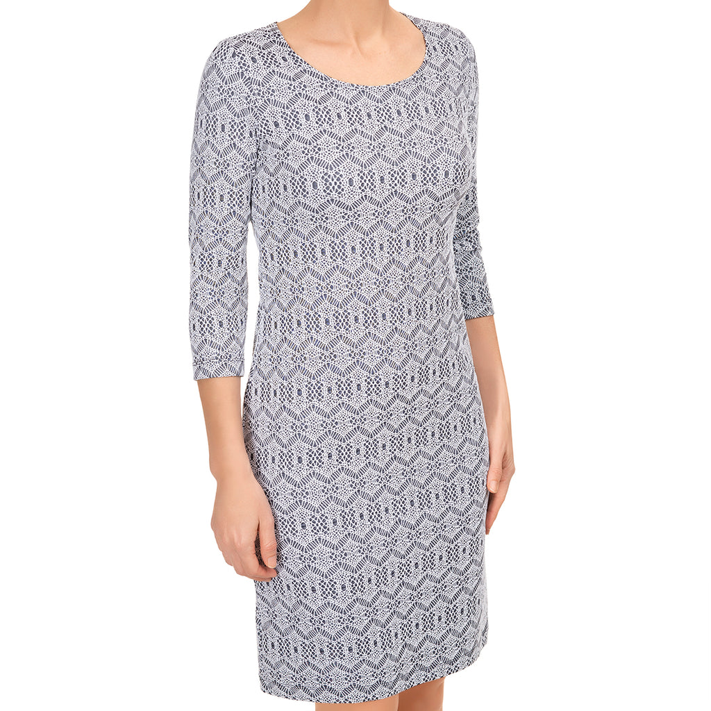 Scoop Neck Dress in Navy & White Jacquard